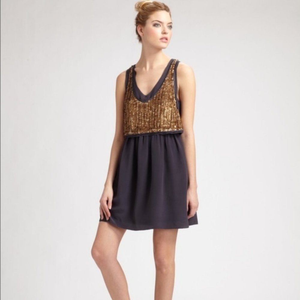 Hanii Y Navy Sequin Layered Silk Dress